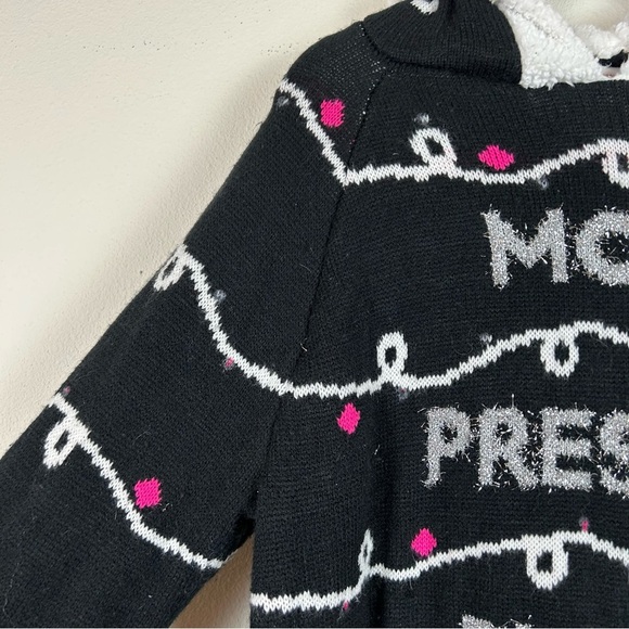 Christmas Sweater Hoodie Knit Sherpa Silver Lettering Pom Poms - Picture 7 of 14